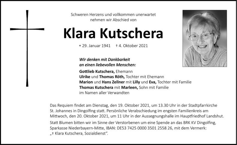 Traueranzeige Klara Kutschera