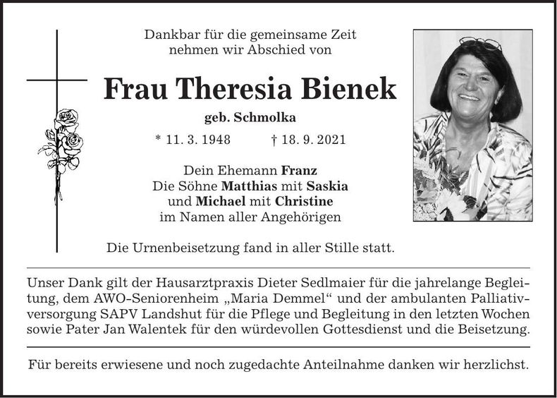 Traueranzeige Theresia Bienek