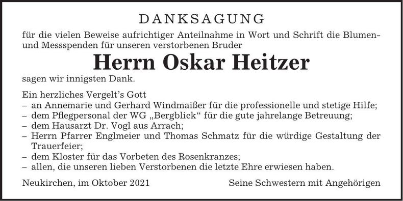 Traueranzeige Oskar Heitzer