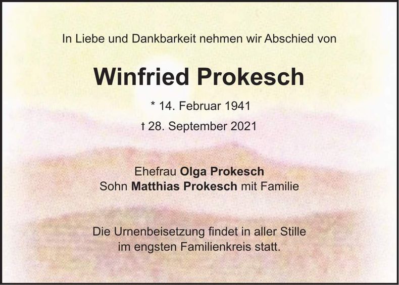 Traueranzeige Winfried Prokesch