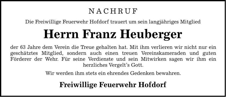 Traueranzeige Franz Heuberger