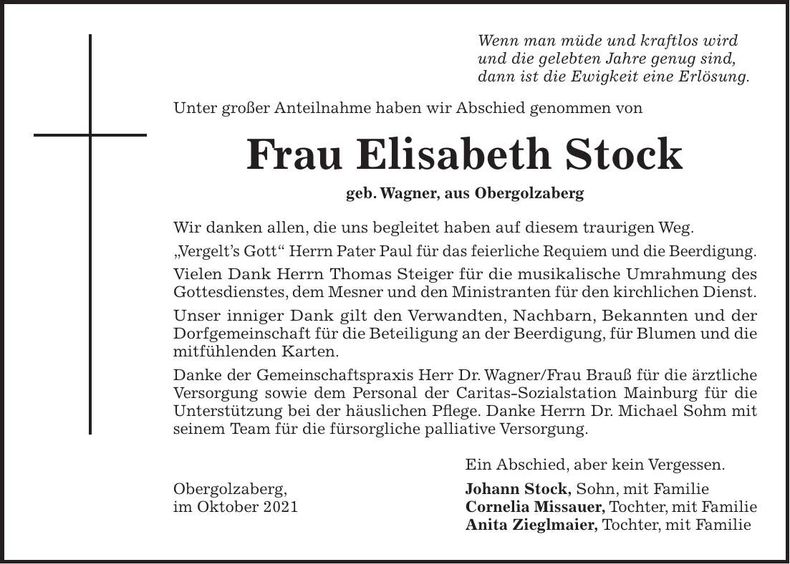 Traueranzeige Elisabeth Stock