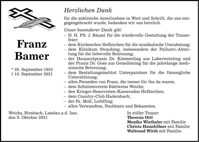 Traueranzeige Franz Bamer