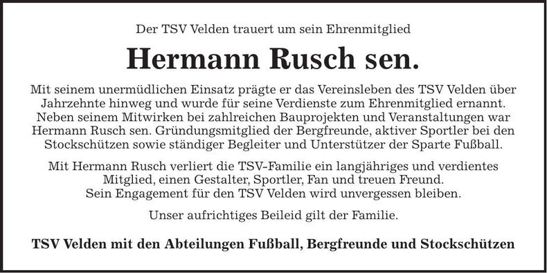 Traueranzeige Hermann Rusch