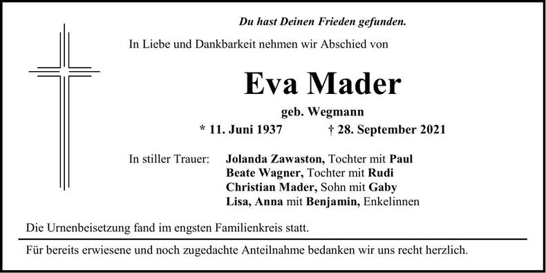 Traueranzeige Eva Mader