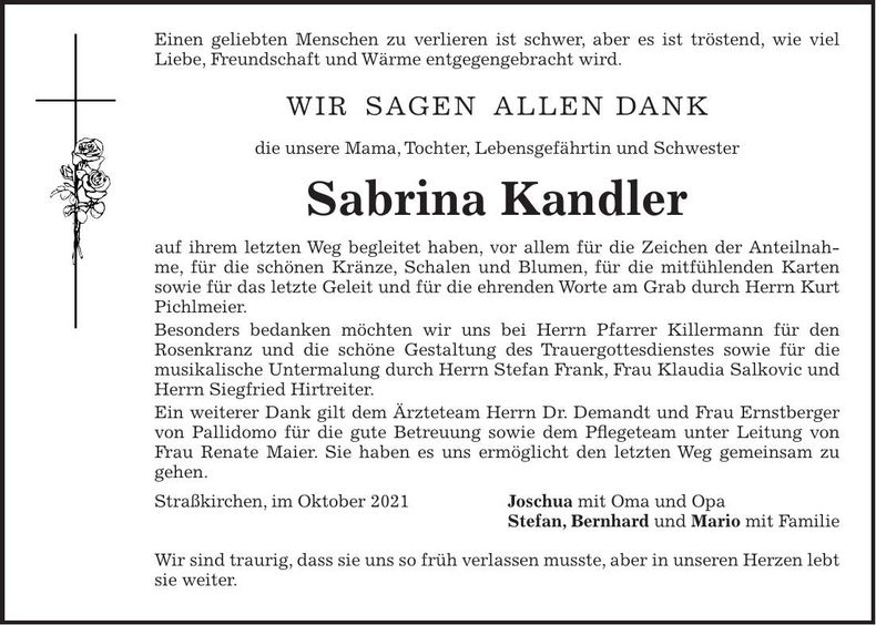 Traueranzeige Sabrina Kandler