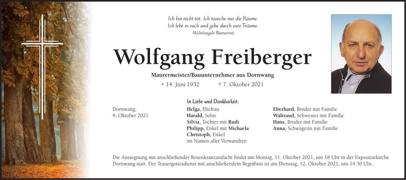 Traueranzeige Wolfgang Freiberger