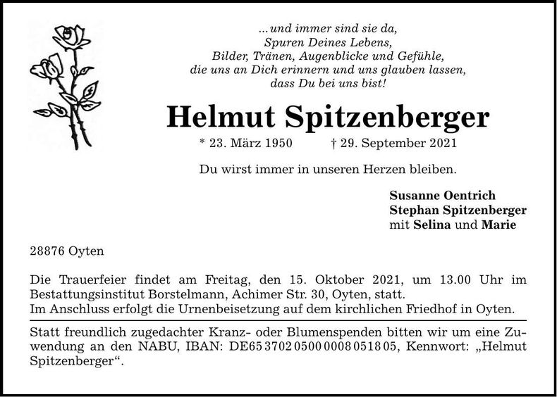 Traueranzeige Helmut Spitzenberger