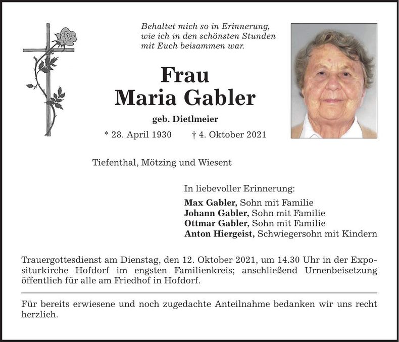 Traueranzeige Maria Gabler