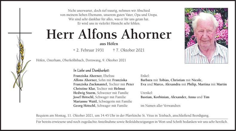 Traueranzeige Alfons Ahorner