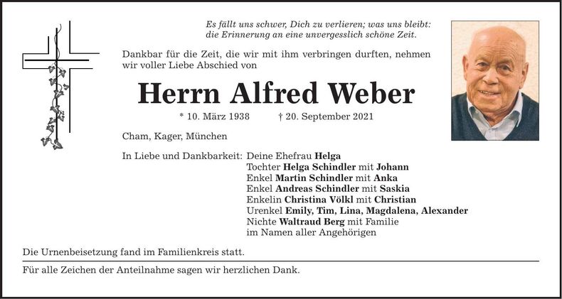 Traueranzeige Alfred Weber