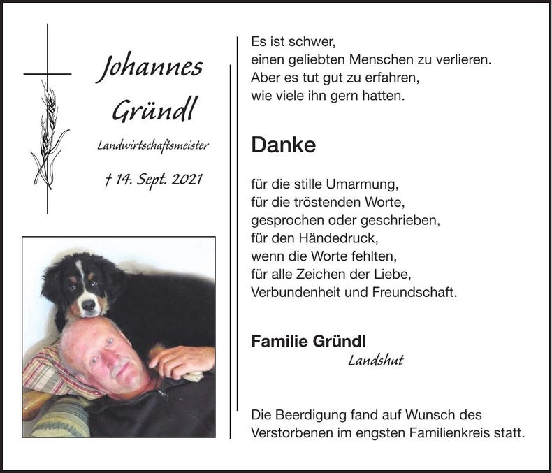 Traueranzeige Johannes Gründl