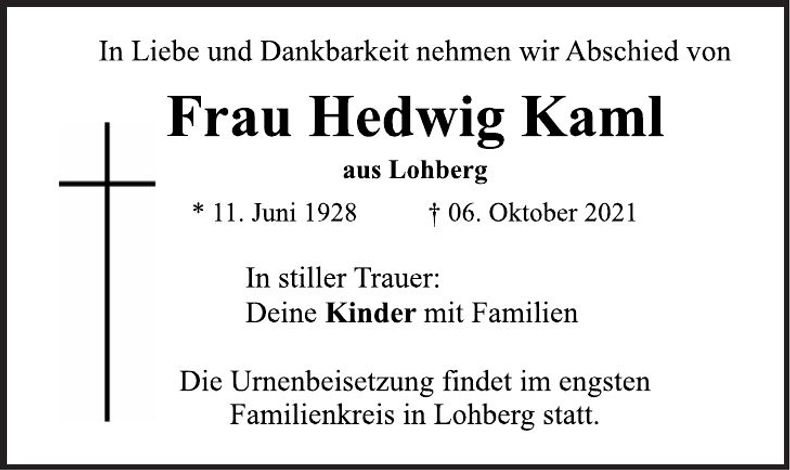 Traueranzeige Hedwig Kaml