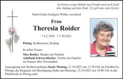 Traueranzeige Theresia Roider