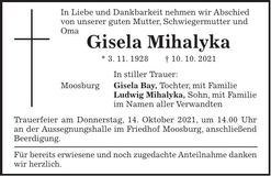 Traueranzeige Gisela Mihalyka