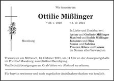 Traueranzeige Ottilie Mißlinger
