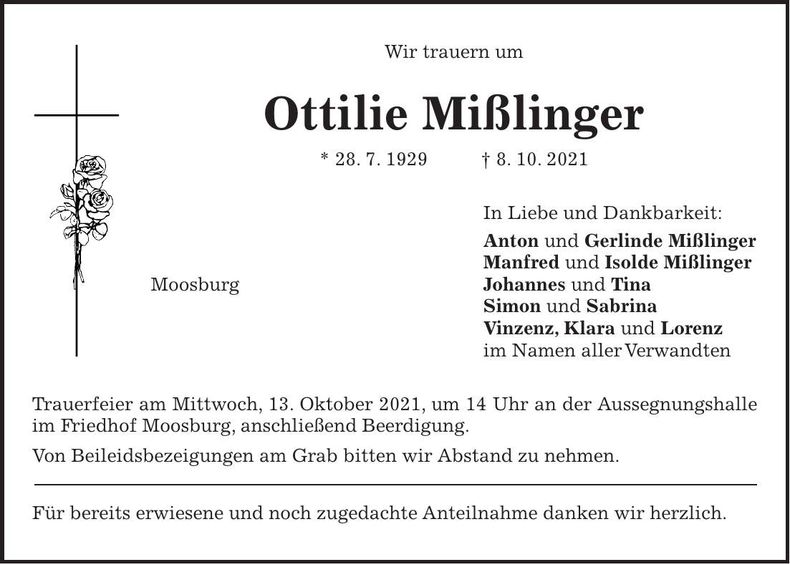 Traueranzeige Ottilie Mißlinger