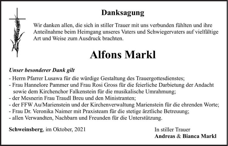 Traueranzeige Alfons Markl