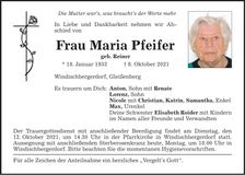 Traueranzeige Maria Pfeifer