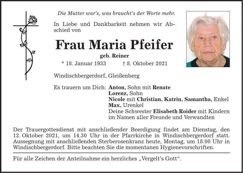 Traueranzeige Maria Pfeifer