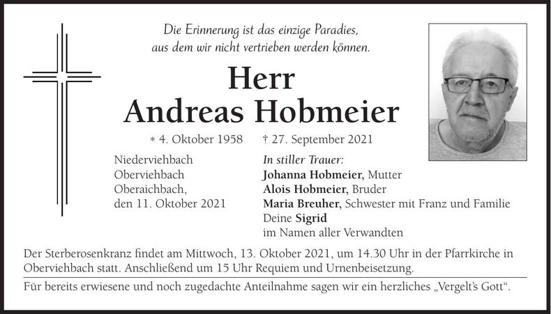 Traueranzeige Andreas Hobmeier