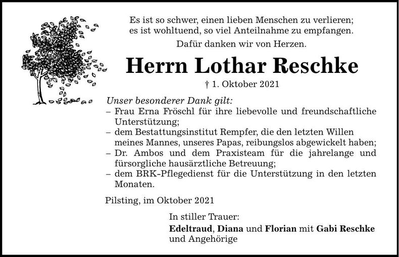 Traueranzeige Lothar Reschke