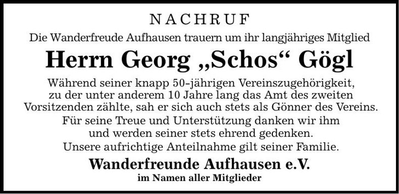 Traueranzeige Georg Gögl