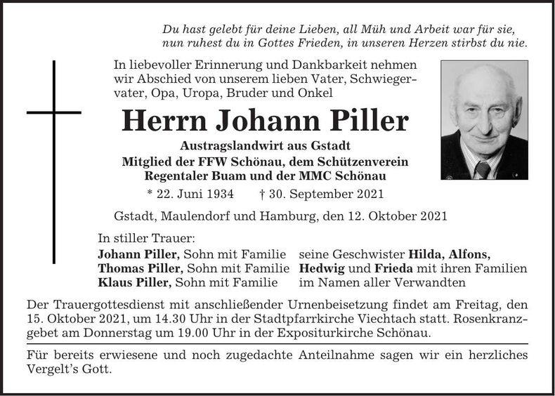 Traueranzeige Johann Piller