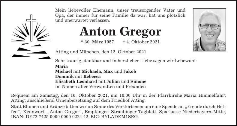 Traueranzeige Anton Gregor