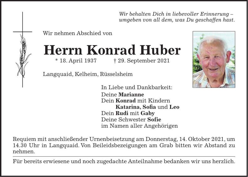Traueranzeige Konrad Huber