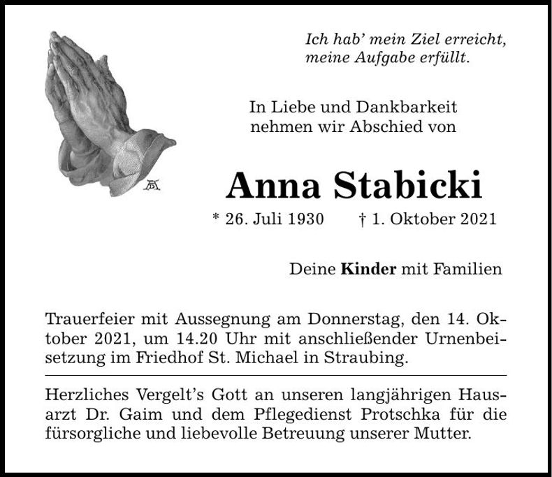 Traueranzeige Anna Stabicki