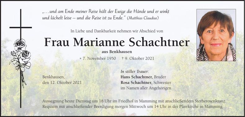 Traueranzeige Marianne Schachtner