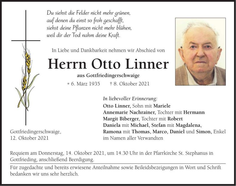 Traueranzeige Otto Linner