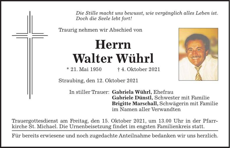 Traueranzeige Walter Wührl