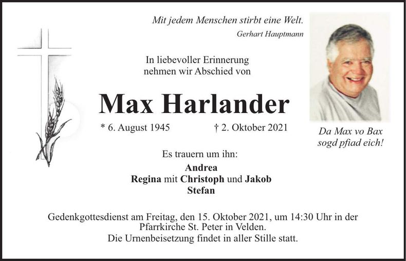 Traueranzeige Max Harlander