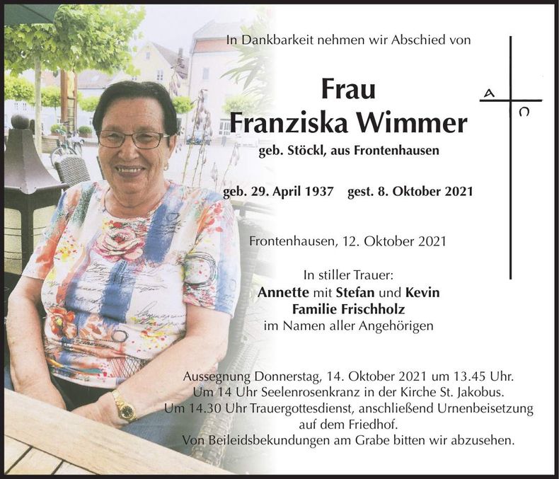 Traueranzeige Franziska Wimmer