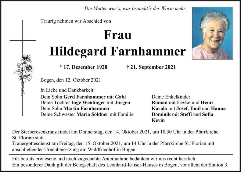 Traueranzeige Hildegard Farnhammer