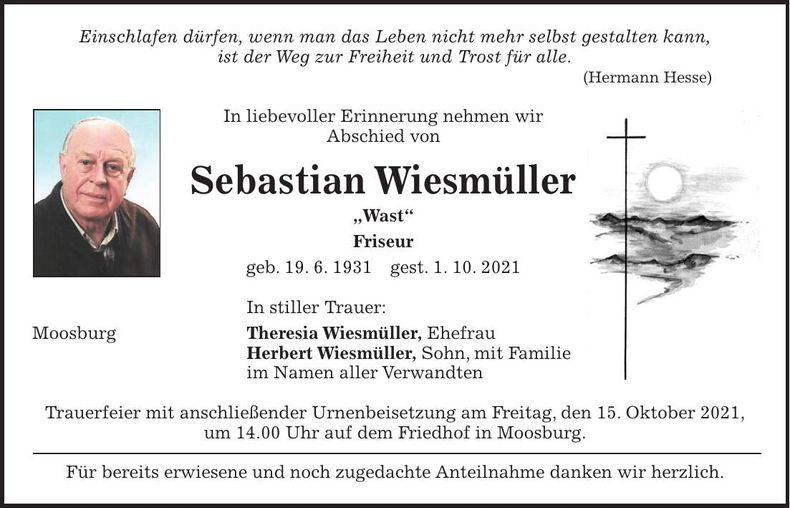 Traueranzeige Sebastian Wiesmüller