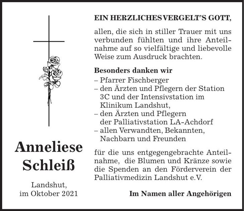 Traueranzeige Anneliese Schleiß
