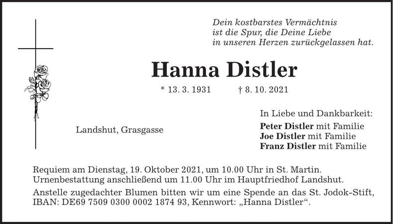 Traueranzeige Hanna Distler