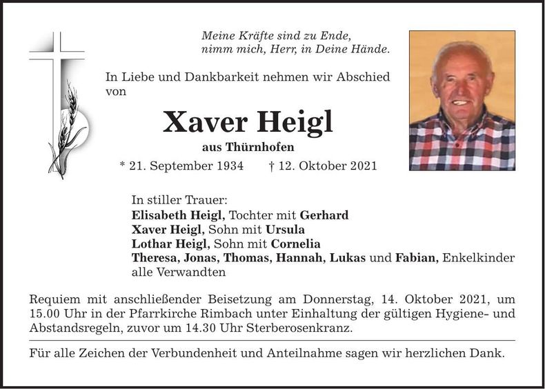 Traueranzeige Xaver Heigl
