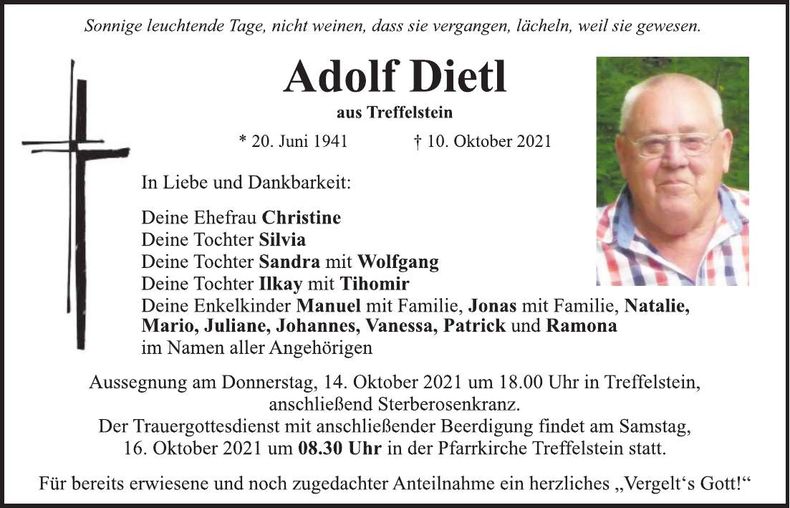 Traueranzeige Adolf Dietl