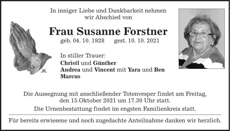 Traueranzeige Susanne Forstner