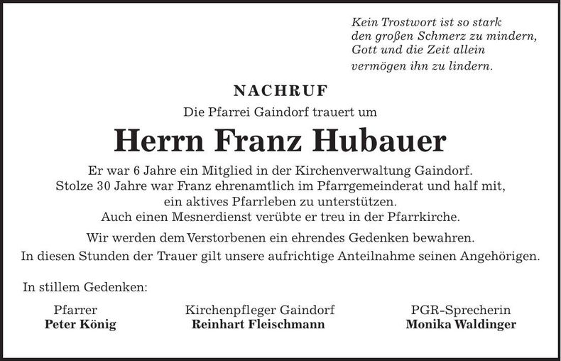 Traueranzeige Franz Hubauer