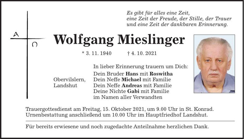 Traueranzeige Wolfgang Mieslinger