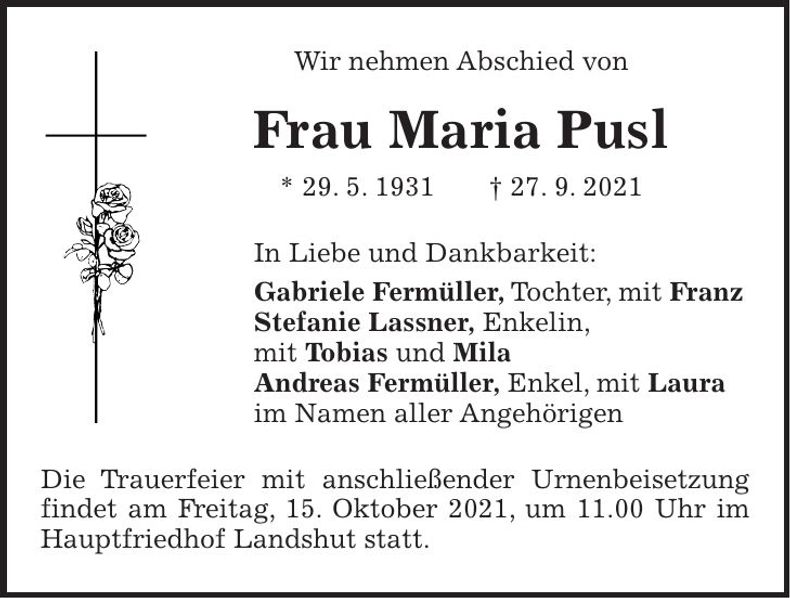 Traueranzeige Maria Pusl