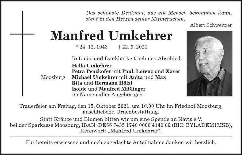 Traueranzeige Manfred Umkehrer