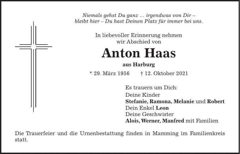 Traueranzeige Anton Haas