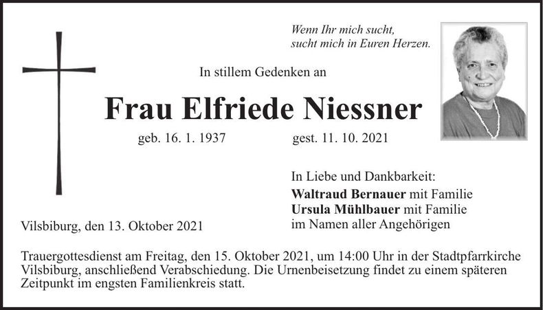 Traueranzeige Elfriede Niessner