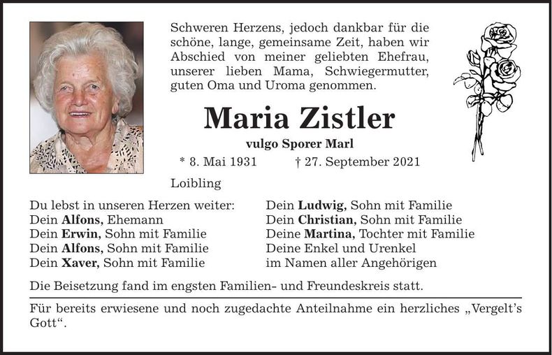 Traueranzeige Maria Zistler